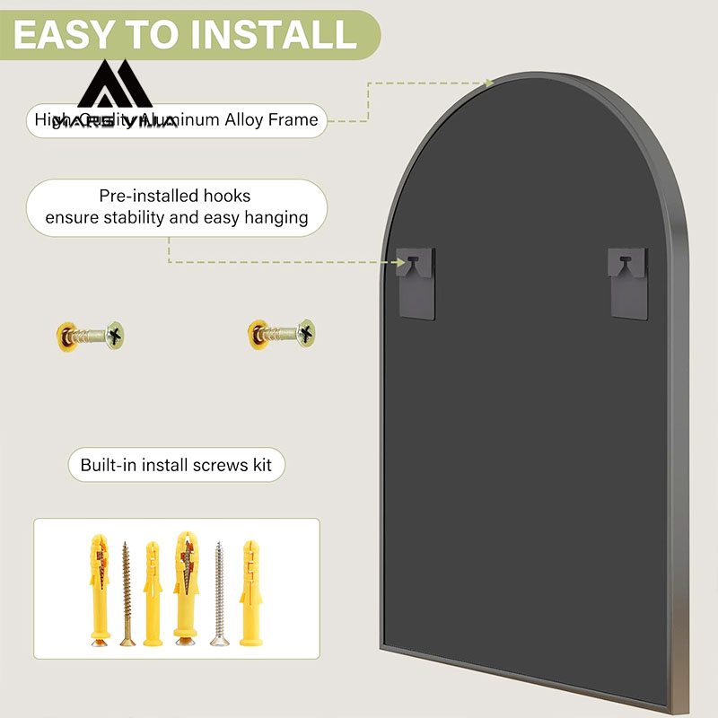 Mars Villa arched mirror back structure diagram, aluminum alloy frame, pre-installed hooks, complete mounting hardware kit, easy to install arched wall mirror