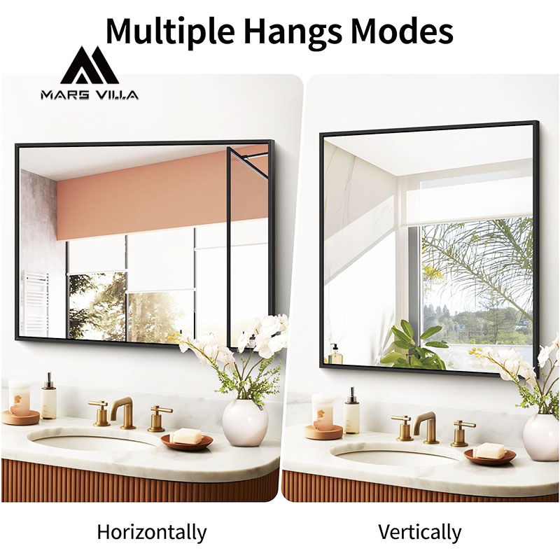 Mars Villa black metal framed bathroom mirror, supports horizontal and vertical two ways hanging, thin matte black frame, HD clear silver glass, wall vanity mirror for bathroom hotel villa