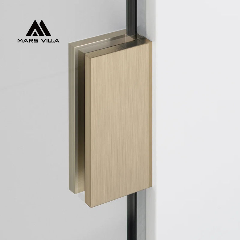 Mars Villa brushed champagne gold shower glass door hinge closeup, solid metal heavy duty hinge for frameless shower enclosure, bathroom shower hardware detail shot for product listing