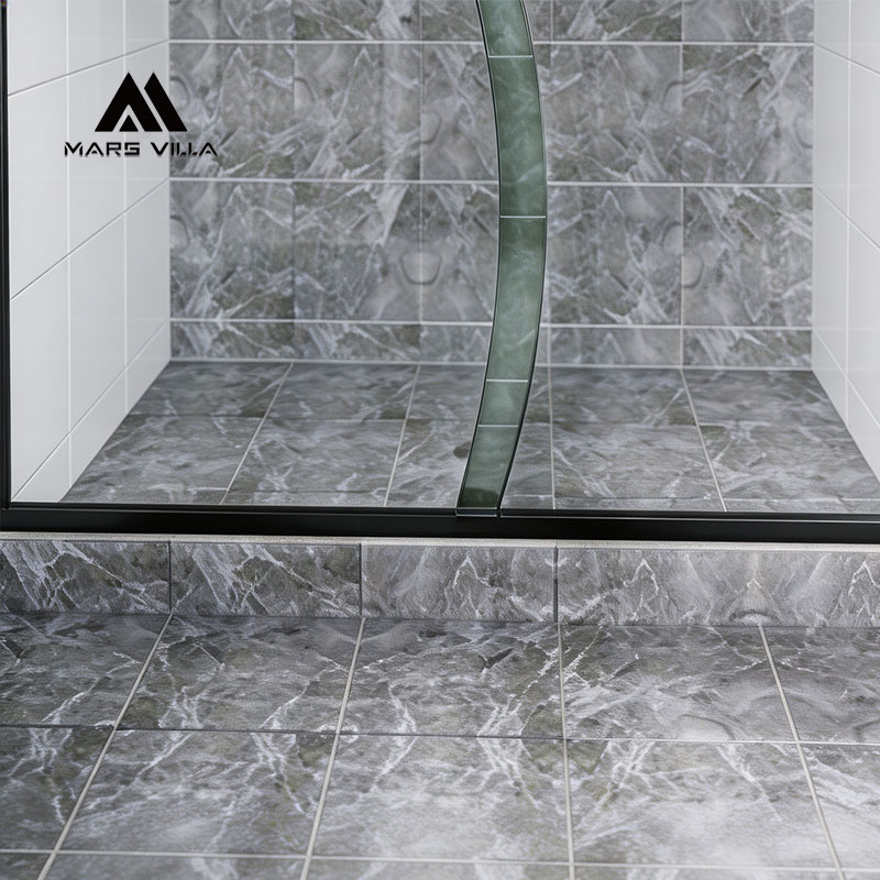 Mars Villa custom curved decorative sgcc ce tempered glass shower door close-up detail, S shape patterned curved glass for semi-frameless sliding shower enclosure, custom glass shower screen