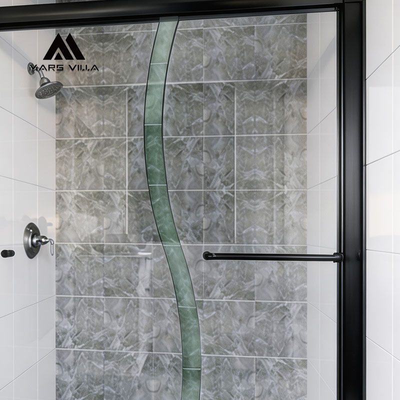Mars Villa custom curved decorative tempered glass close-up for semi-frameless sliding shower door, S-shaped patterned curved glass
