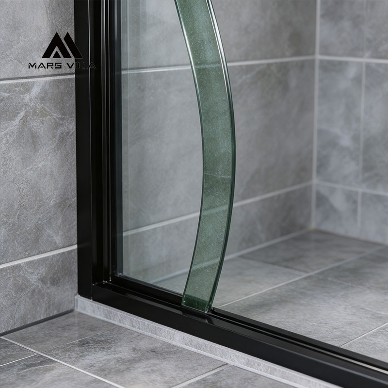 Mars Villa custom curved decorative tempered glass shower door side detail, S-shaped patterned curved glass with matte black frame for semi-frameless sliding shower enclosure, custom glass shower screen