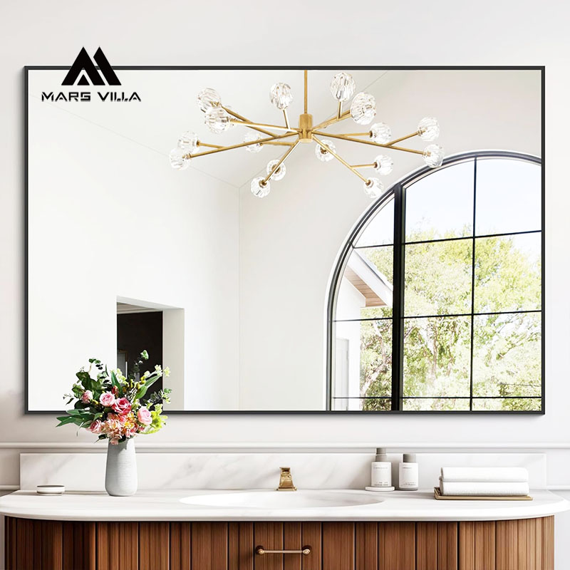 Mars Villa wide rectangular black metal framed bathroom mirror, slim matte black frame, HD clear silver glass, large wall-mounted vanity mirror for bathroom, villa and hotel