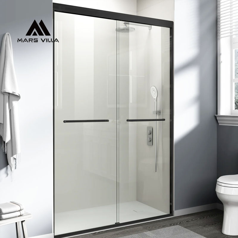 Mars Villa factory custom double sliding glass shower enclosure, matte black aluminum frame tempered glass, professional shower door supplier for bathroom renovation