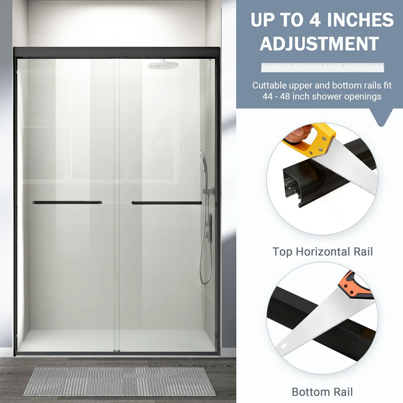 Mars Villa factory custom sliding shower enclosure with up to 4 inches adjustable cuttable top and bottom rails, fits 44-48 inch shower openings, professional shower door supplier for bathroom renovation projects