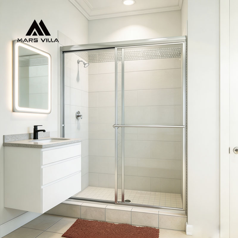 Mars Villa framed sliding shower door, matching custom bathroom vanity and LED lighted mirror, chrome frame patterned tempered glass shower enclosure