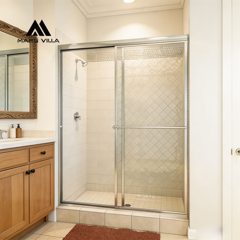Mars Villa framed sliding shower door with chrome frame and patterned tempered glass, custom bathroom shower enclosure from China manufacturer