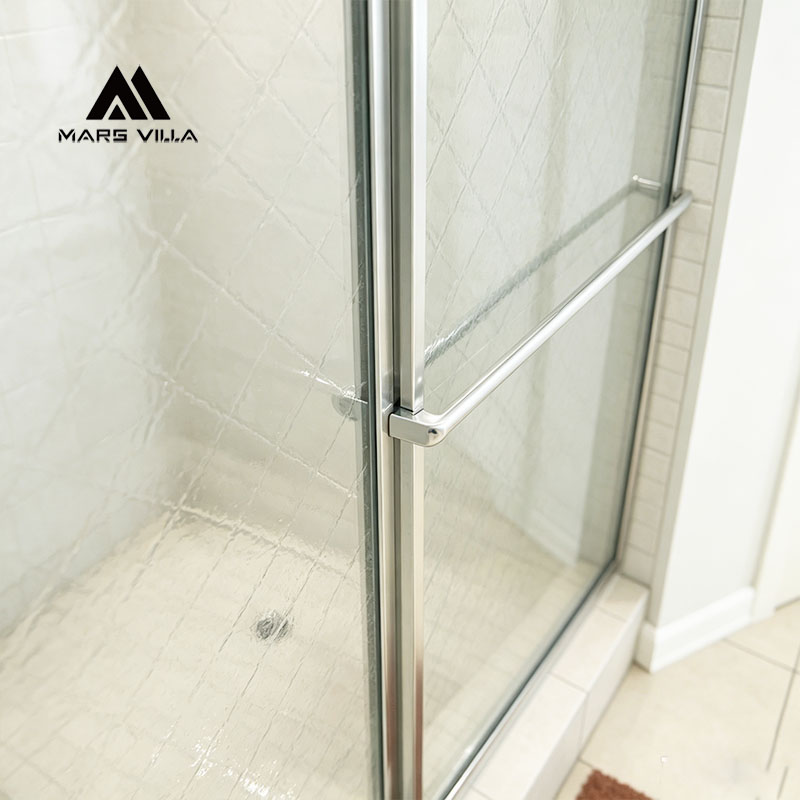 Mars Villa framed sliding shower door close-up, chrome frame, double towel bar handle and patterned tempered glass, custom shower door
