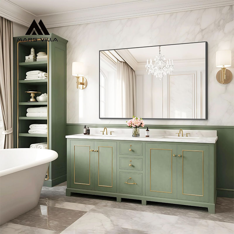 green custom double sink bathroom vanity cabinet with storage tower and black metal framed mirror, solid wood cabinet, gold hardware