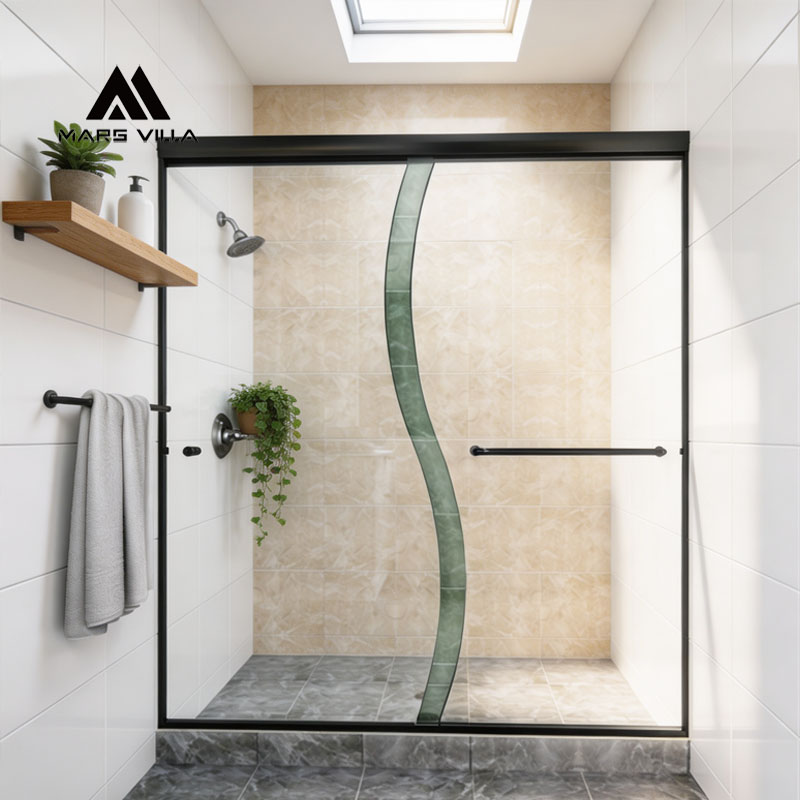 Mars Villa semi-frameless sliding shower door with custom curved tempered decorative glass, matte black frame bathroom shower enclosure, custom curved glass shower screen from China manufacturer