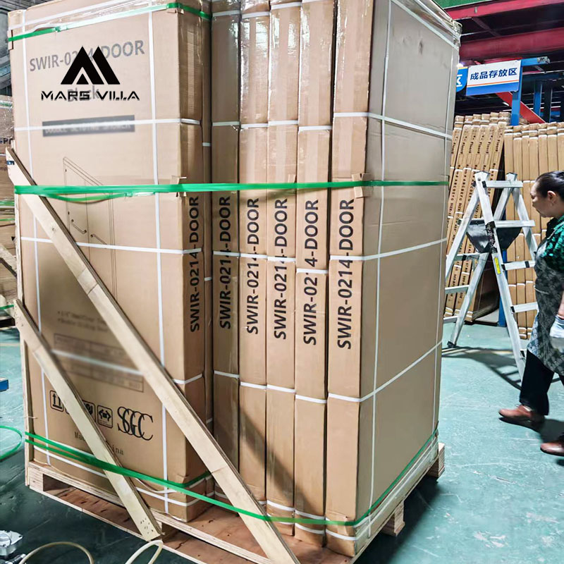 Mars Villa shower door with solid wood crate packaging, warehouse shipment photo, safe transport packing