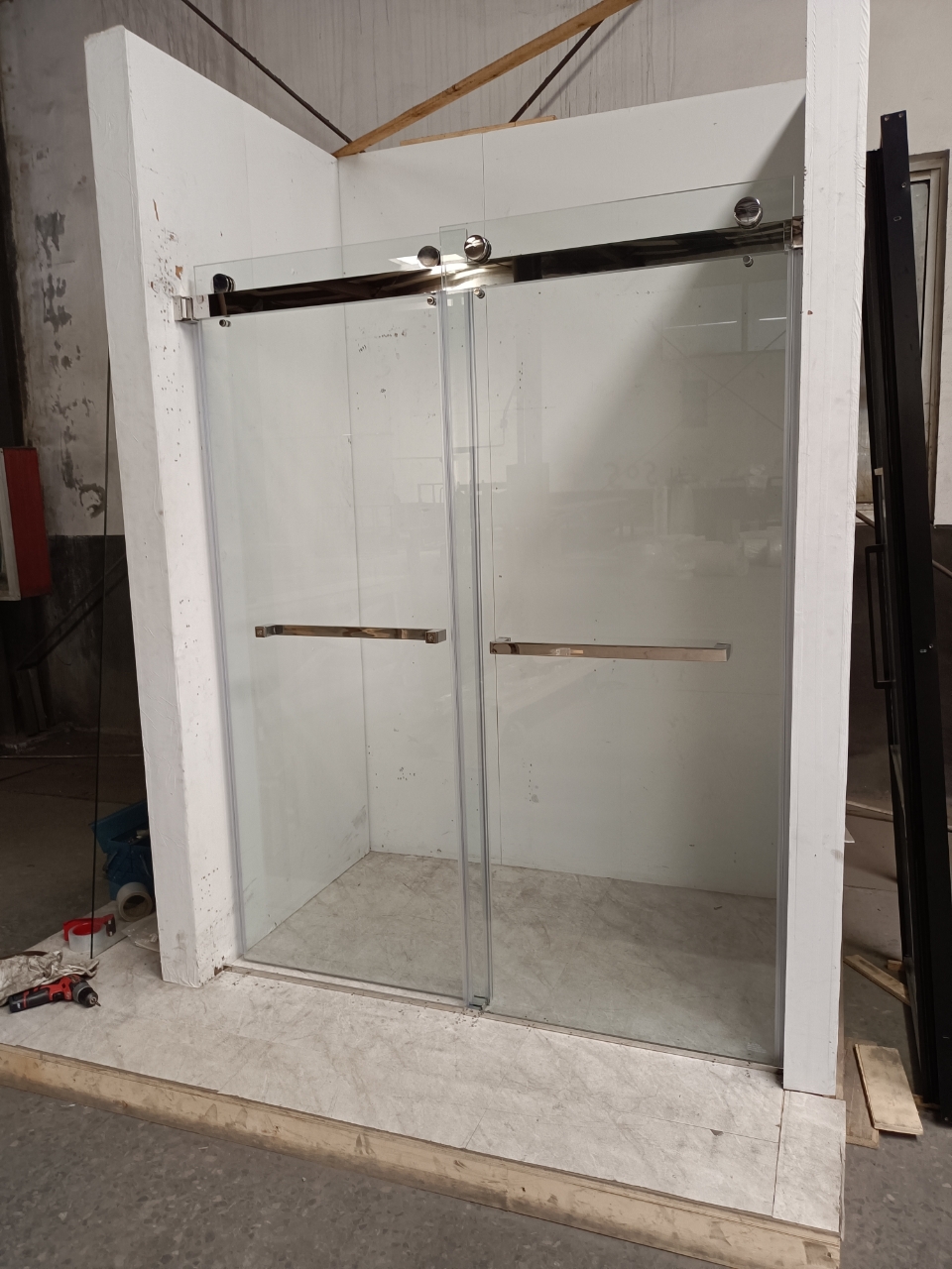 factory customer sample, barn style frameless sliding shower door with polished stainless steel hardware & double tempered glass panels