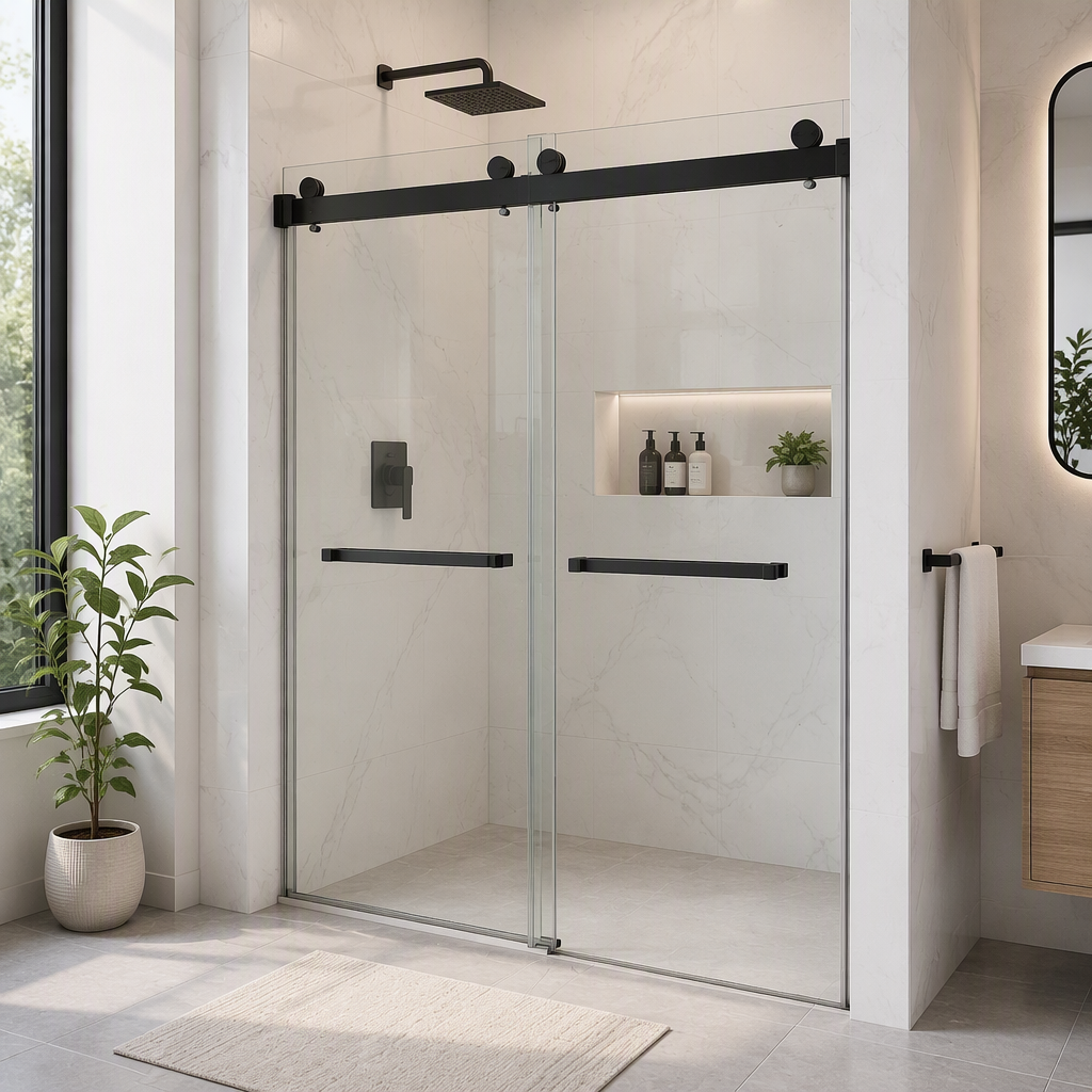 mars villa custom frameless single sliding barn shower door, clear tempered glass shower screen with matte black barn sliding hardware